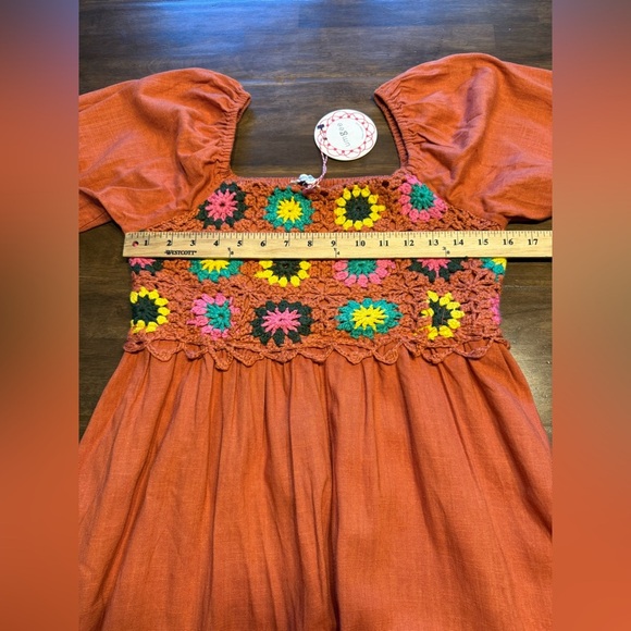 Umgee Smocked Crochet Long Sleeve Mini Dress Womens SZ M Orange Linen Blend Boho - Picture 8 of 8